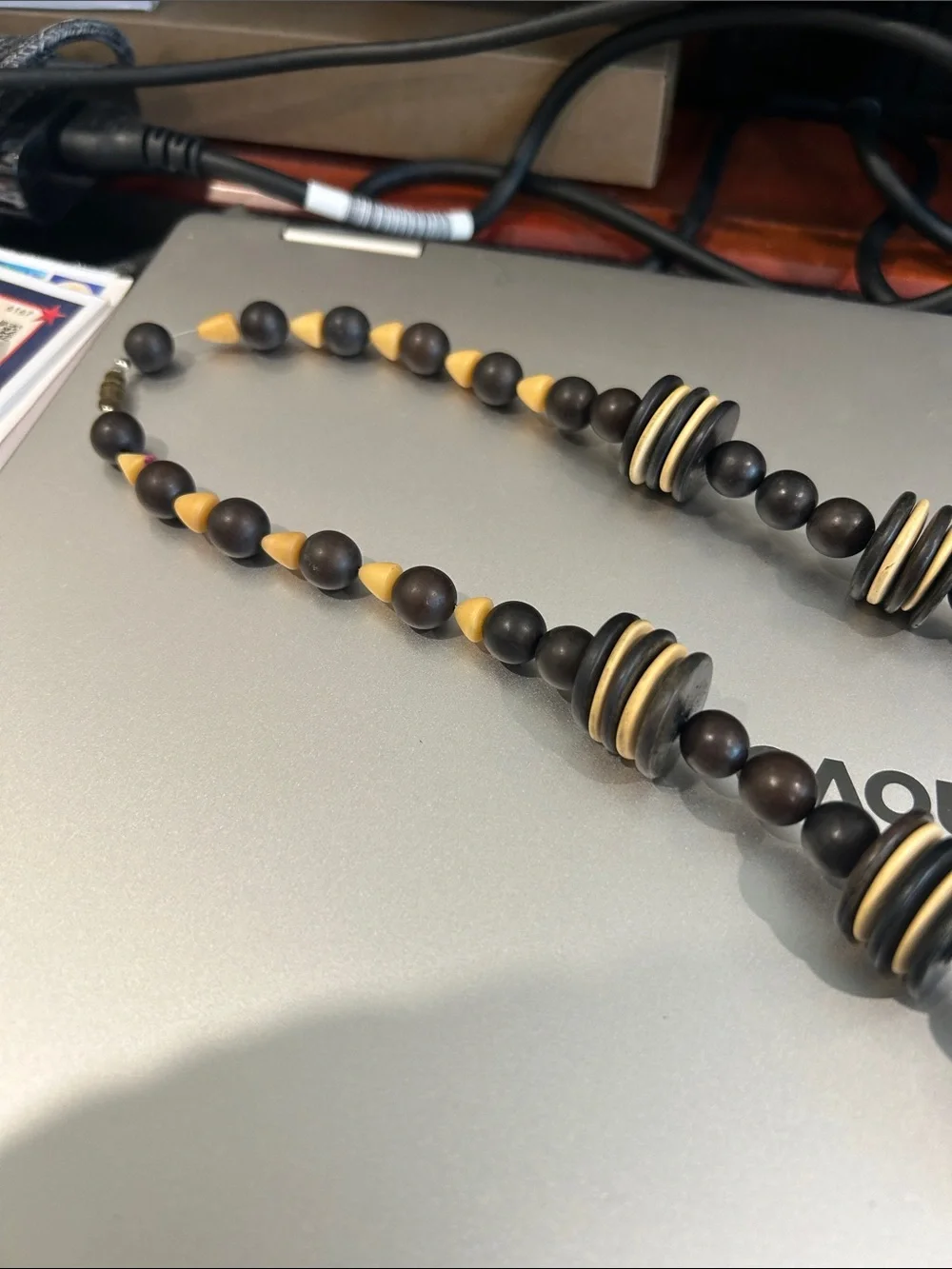 Beaded Men’s Necklace with Black and Cream Accents. 26 inches